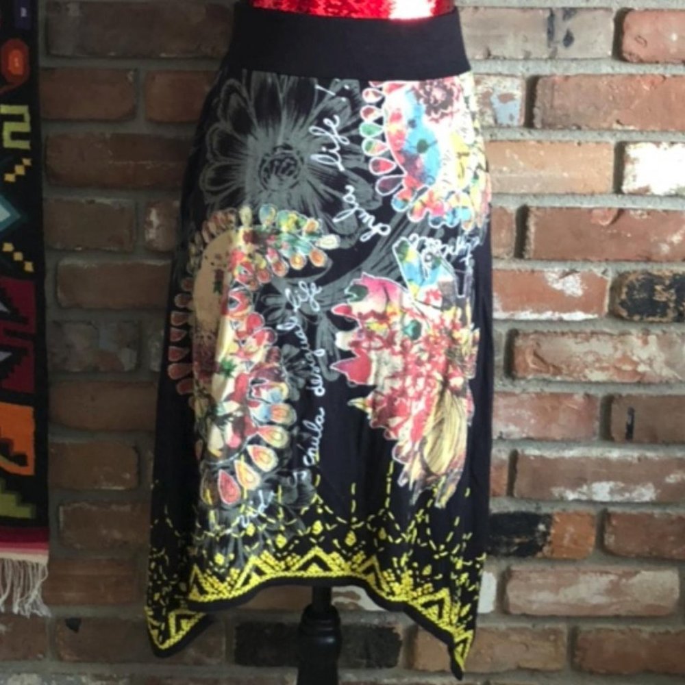 Desigual Embroider Mandala Pasley Floral Asymmetric Cotton Skirt M